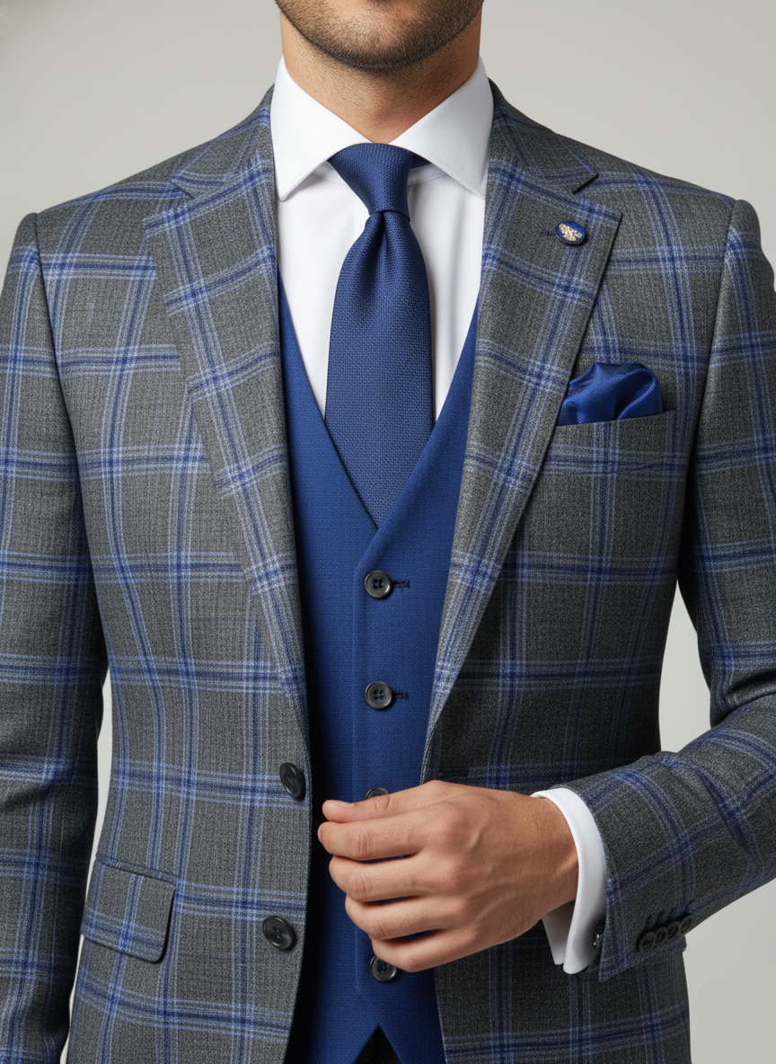 Gray checkered suit with blue vest and tie on a gray background