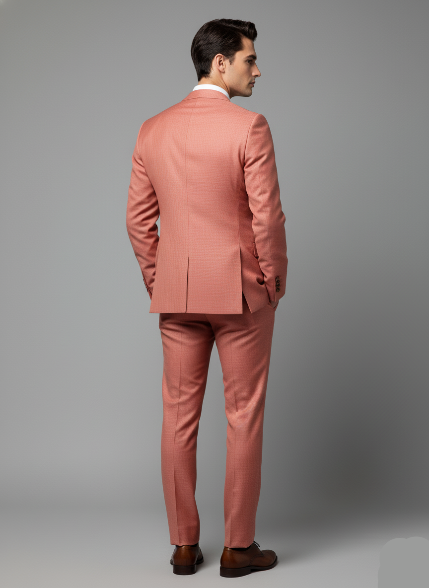 Man wearing a pink suit standing against a gray background