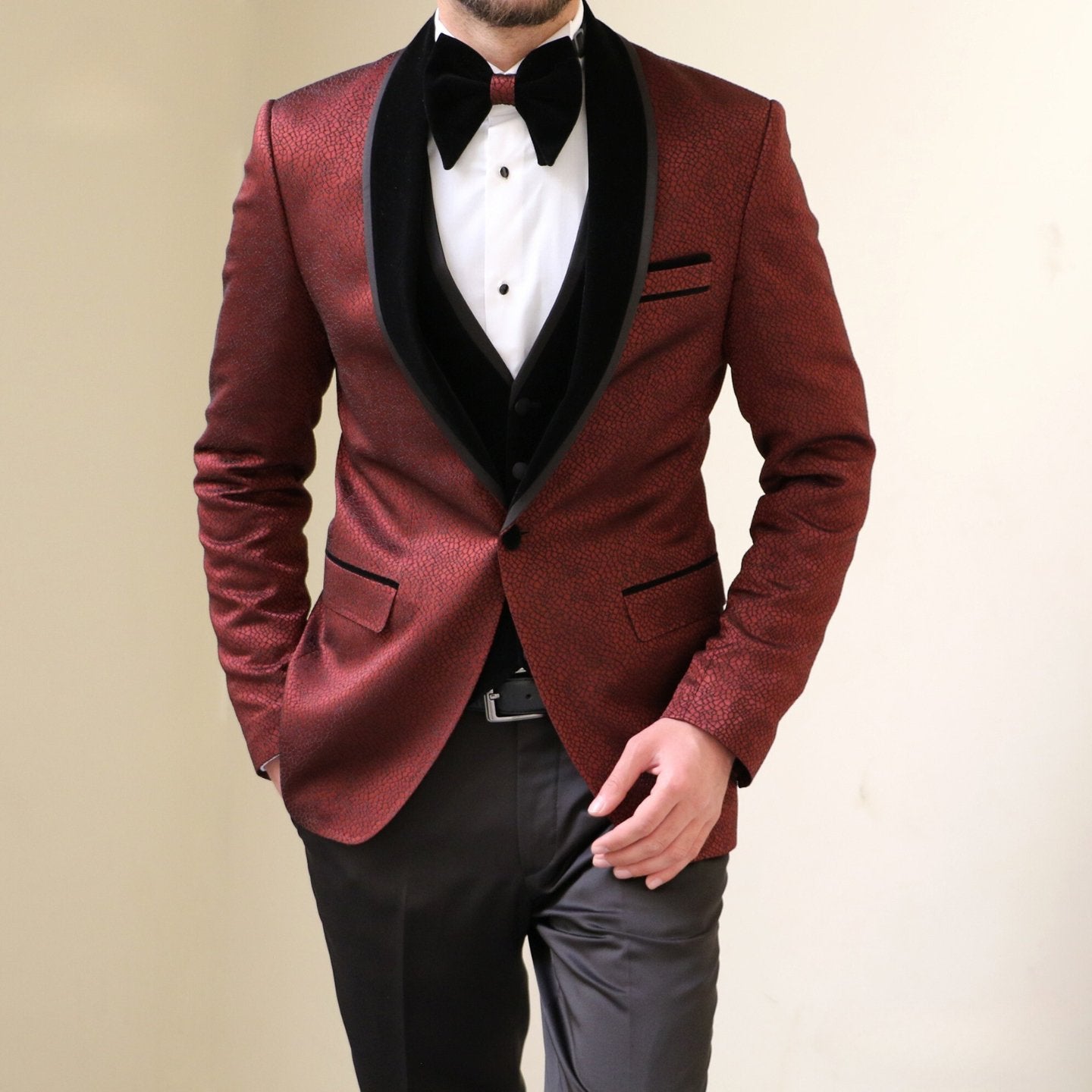 Bold Red and Black Textured Tuxedo - For the Modern Groom - ARLEX Tailors & Suits