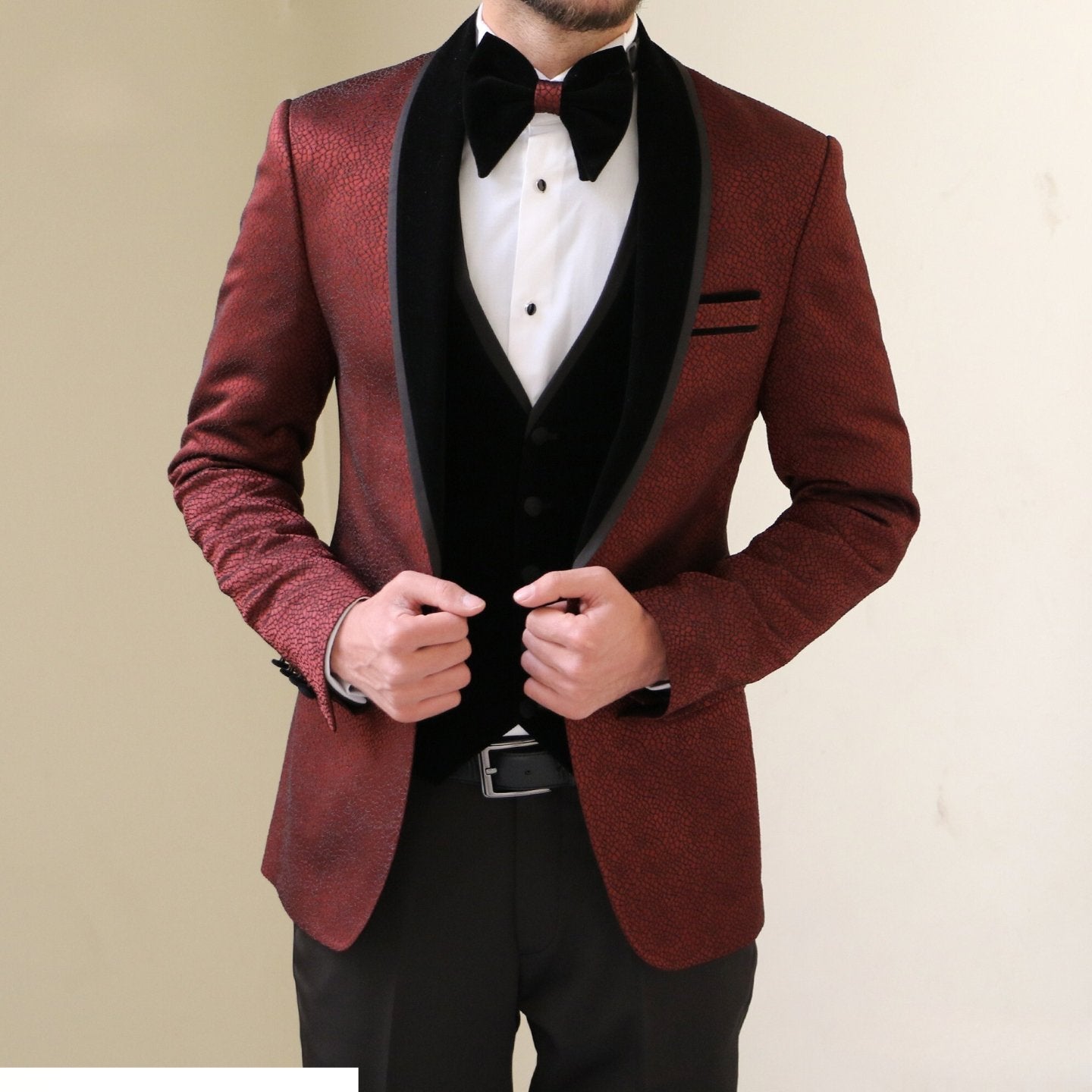 Bold Red and Black Textured Tuxedo - For the Modern Groom - ARLEX Tailors & Suits