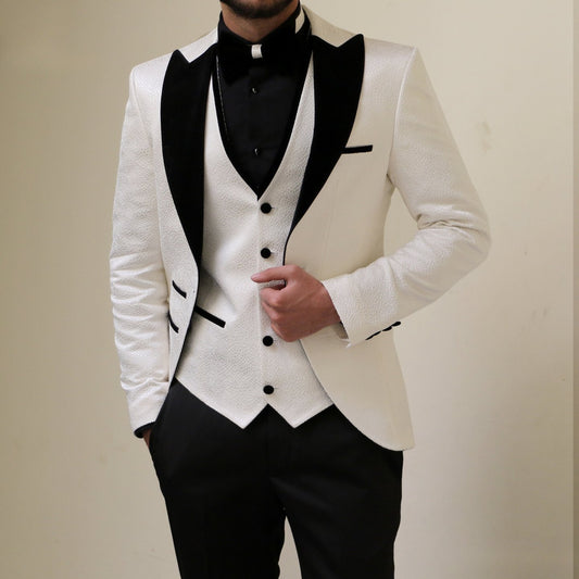 Elegant Ivory Tuxedo with Black Velvet Accents 3 - Piece TUX - ABR Custom Tailors