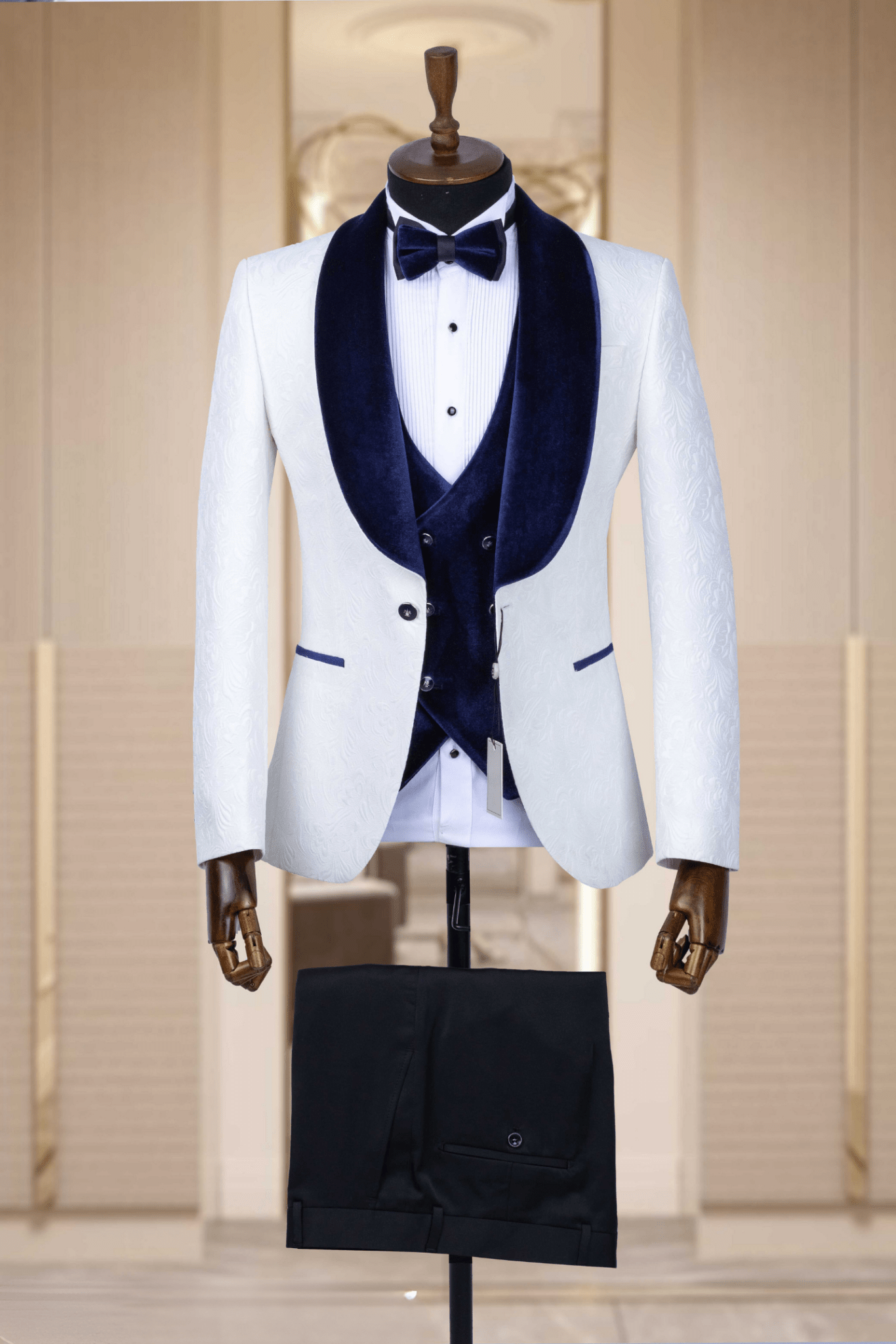 Ivory Tuxedo with Dark Navy Blue Velvet Accents for Grooms 40 Ivory Tuxedo with Dark Navy Blue Velvet Accents for Grooms 40