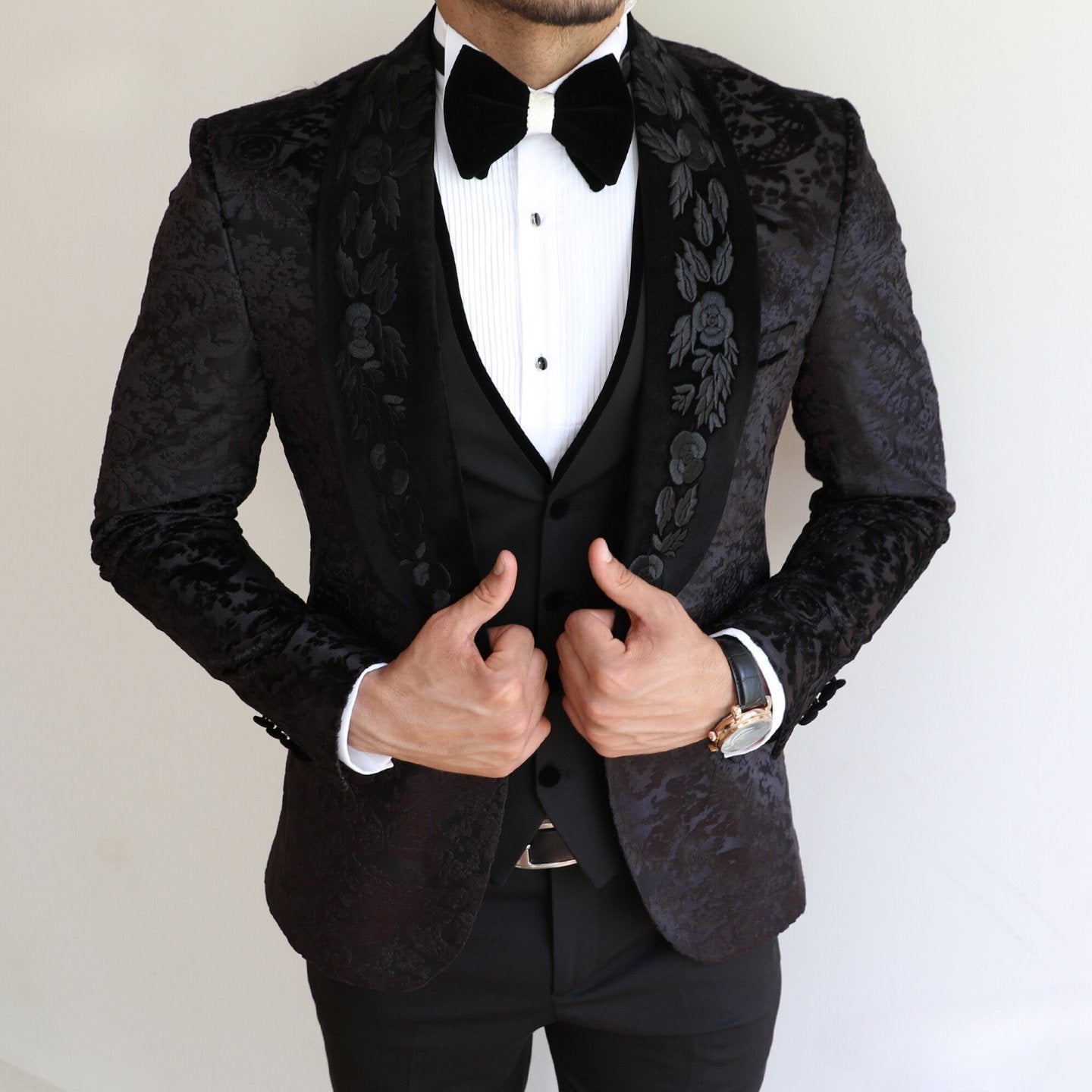 Luxurious Black and White Floral Tuxedo - Custom for Grooms - ARLEX Tailors & Suits