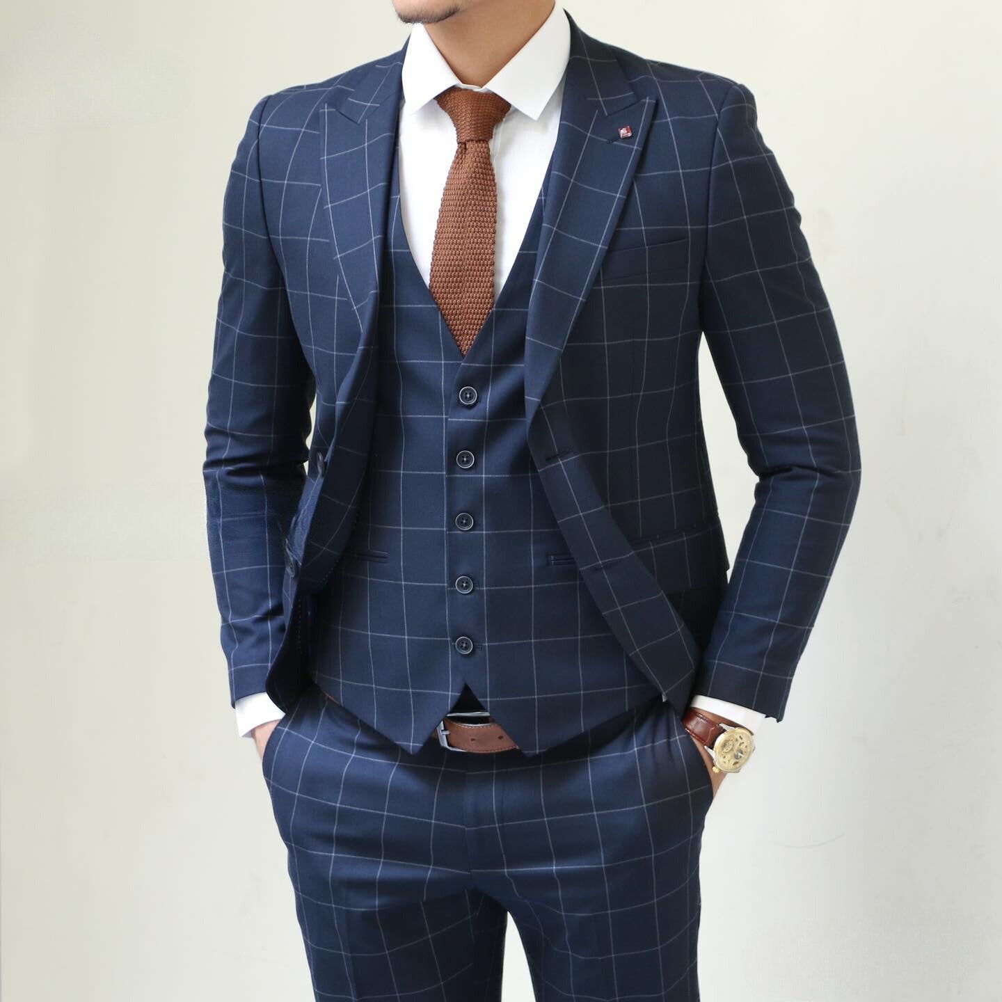 Navy Blue Checkered Three - Piece Suit for Distinguished Occasions - ABR Custom Tailors