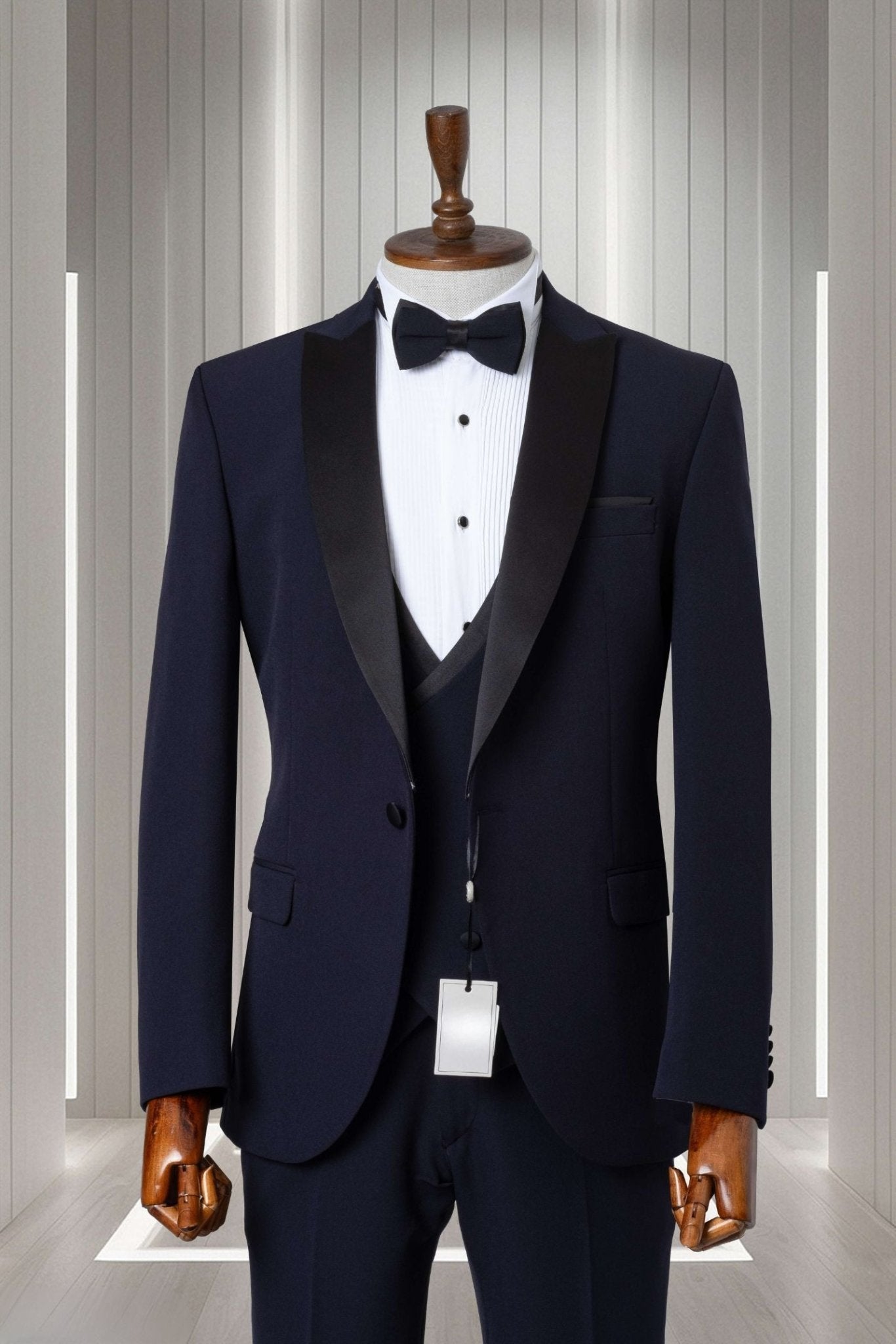navy blue tuxedo dress Adrianna Papell Color Block Mikado Collared V-Neck Sleeveless Tuxedo Gown