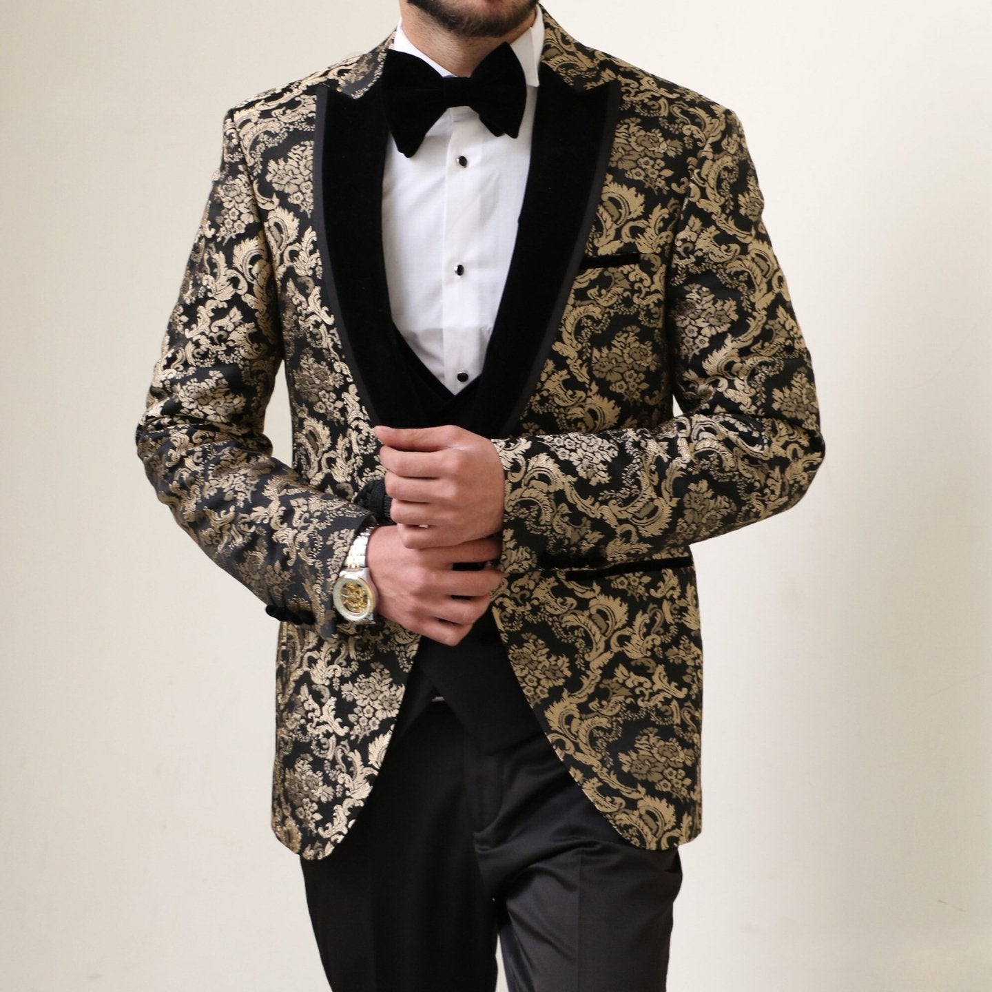 Regal Gold and Black Baroque Tuxedo - Perfect for Groom or ABR Custom Tailors Regal Gold and Black Baroque Tuxedo - Perfect for Groom or ABR Custom Tailors