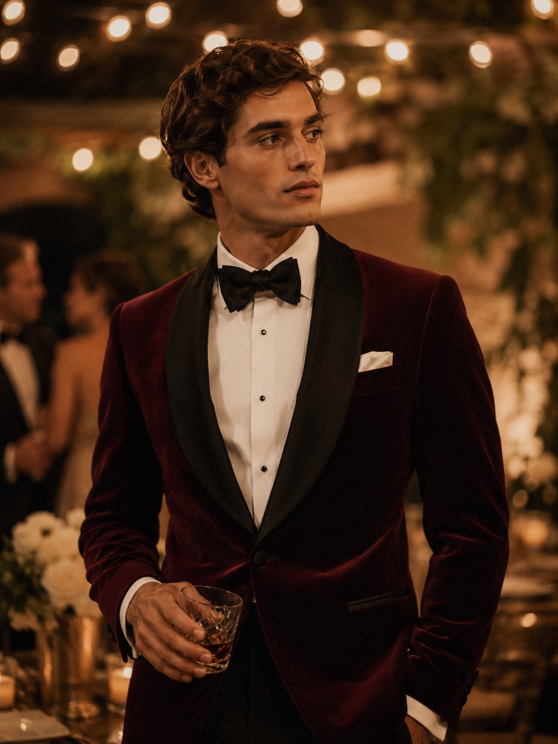 Burgundy velvet dinner jacket at prom