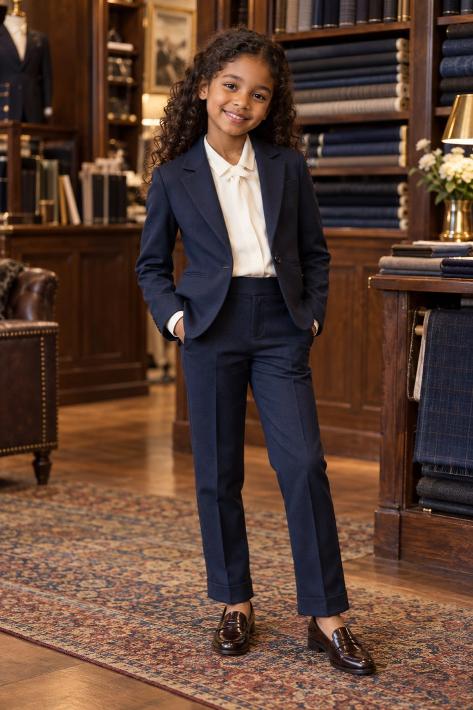 Smiling girl in a navy pantsuit at the tailor shop