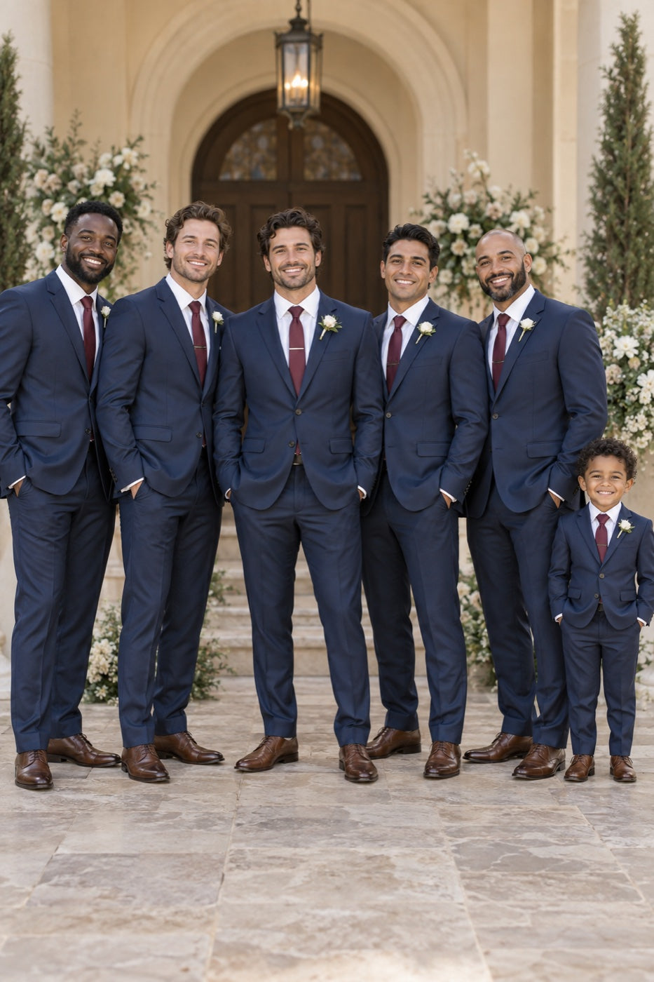Groomsmen in navy with a tiny ring bearer in the same navy suit