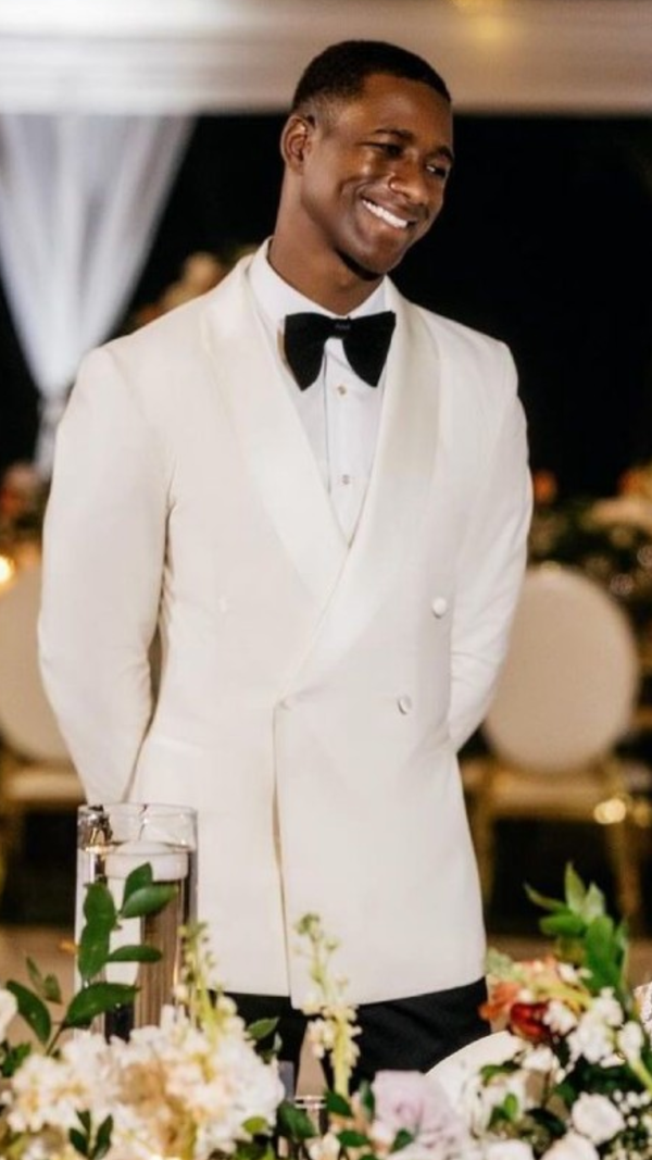 The ivory double-breasted, first-dance ready