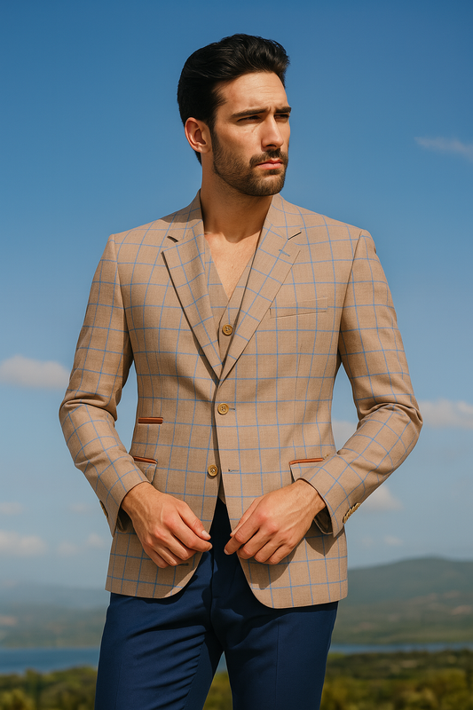 Beige Windowpane with Sky Blue Lines-The Alex Ram Collection