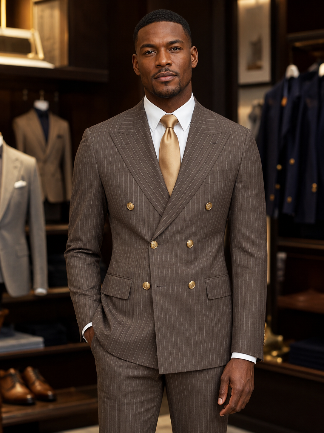 Double breasted, brown suit