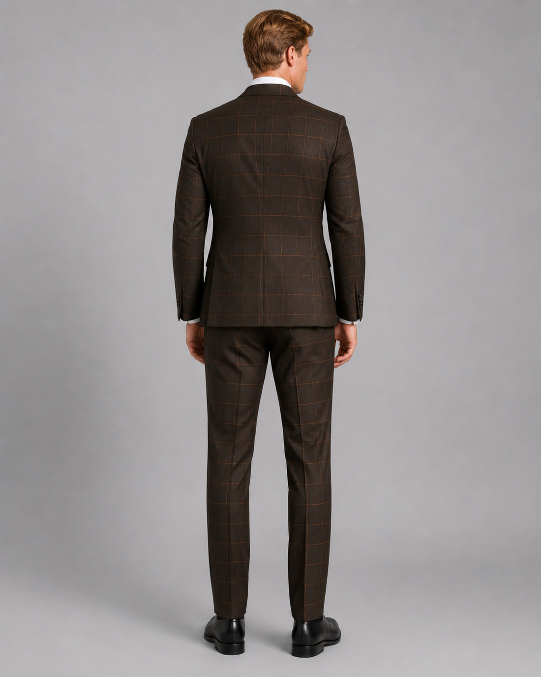 Back view of espresso brown luxury tailored suit