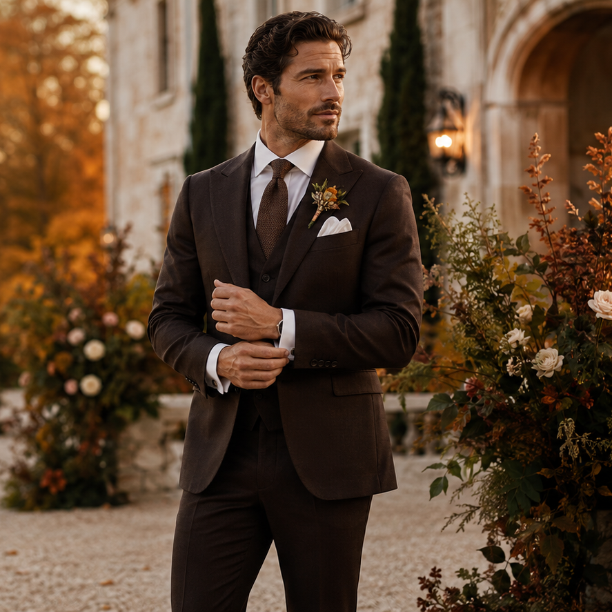 Man in a brown suit standing in an outdoor setting with autumn foliage and a building in the background.