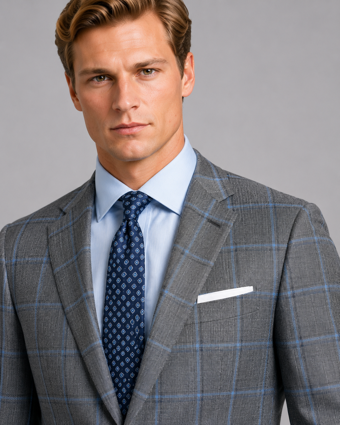 Close-up detail of charcoal gray sharkskin fabric with blue checks