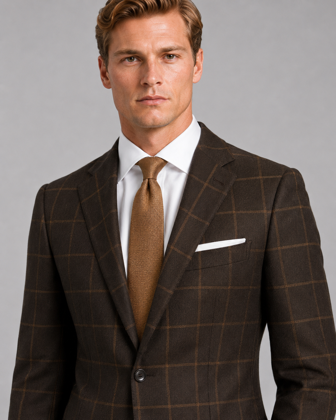 Close-up detail of espresso brown suit with caramel windowpane checks