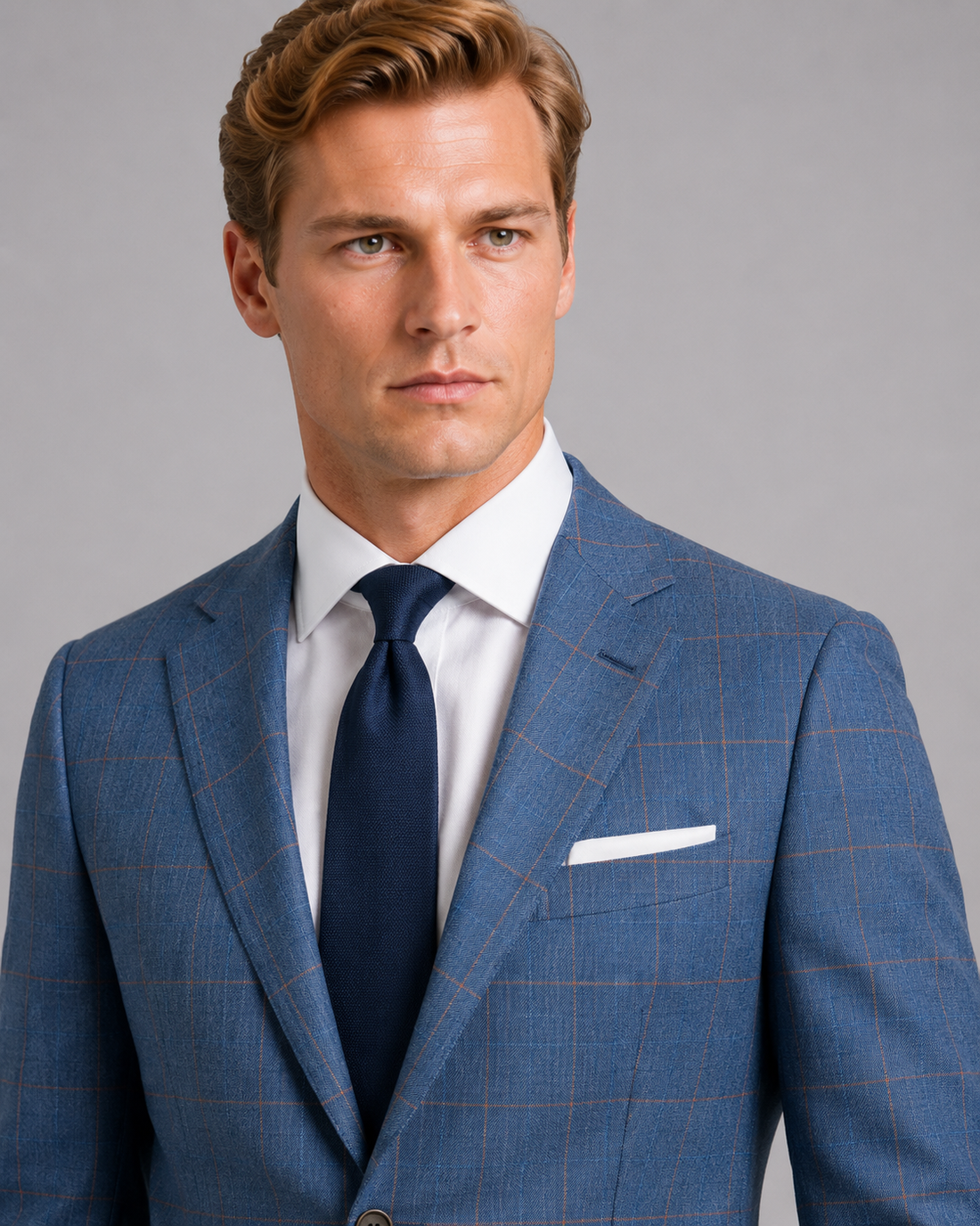 Close-up detail of sky blue sharkskin fabric with refined windowpane checks