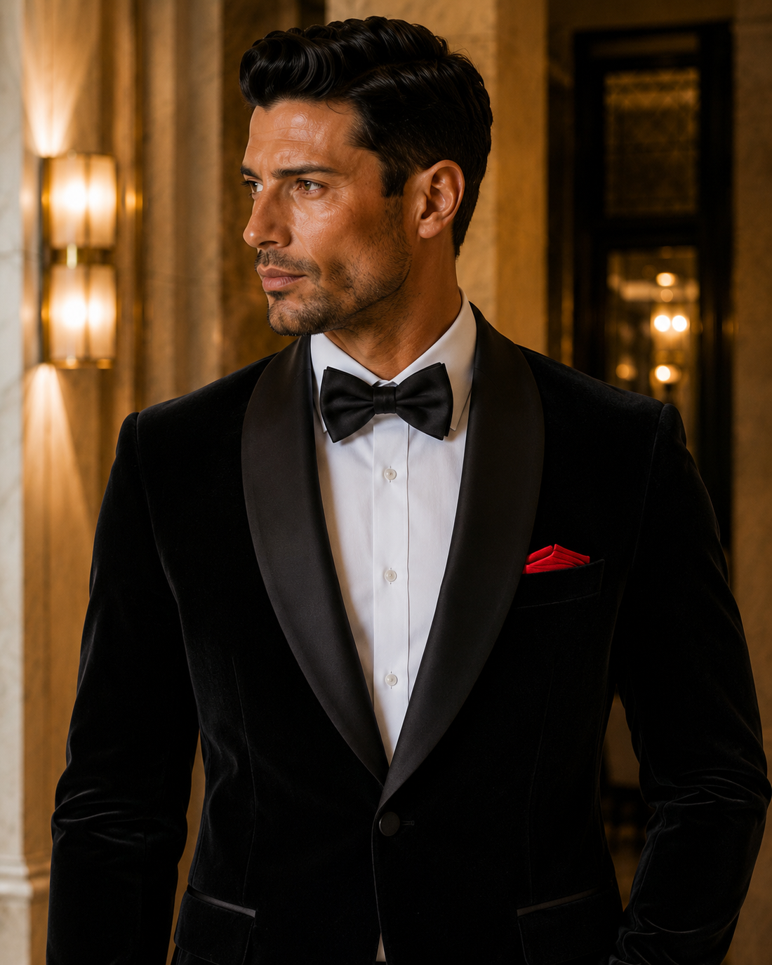Close-up of black velvet tuxedo with satin shawl lapel, bow tie, and red pocket square