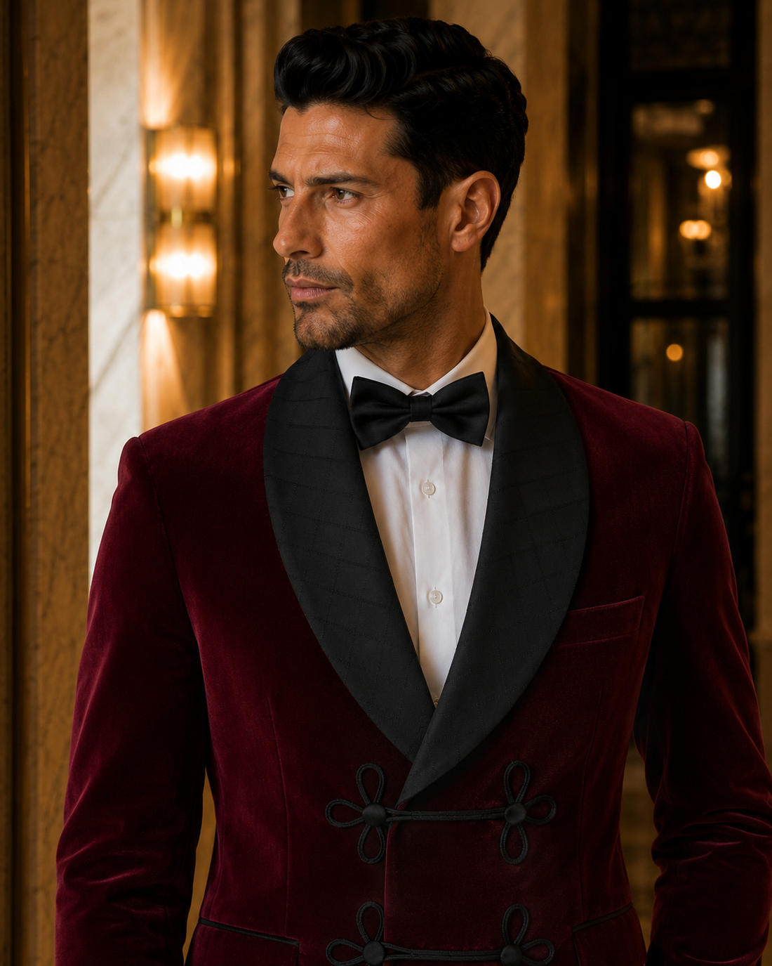 Close-up of burgundy velvet smoking jacket with black shawl lapel, bow tie, and frog closures
