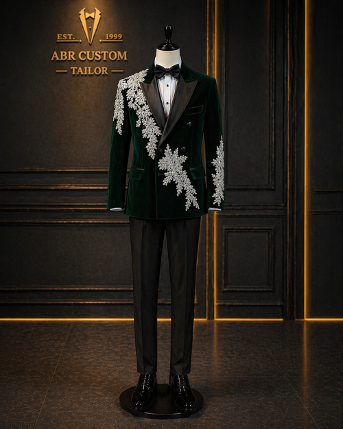 Emerald Green Velvet Double-Breasted Tuxedo with Rhinestone Appliqué – Peak Lapel
