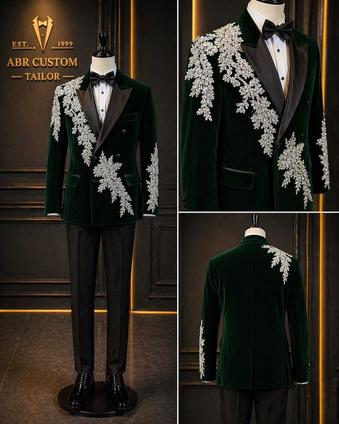 Emerald Green Velvet Double-Breasted Tuxedo with Rhinestone Appliqué – Peak Lapel