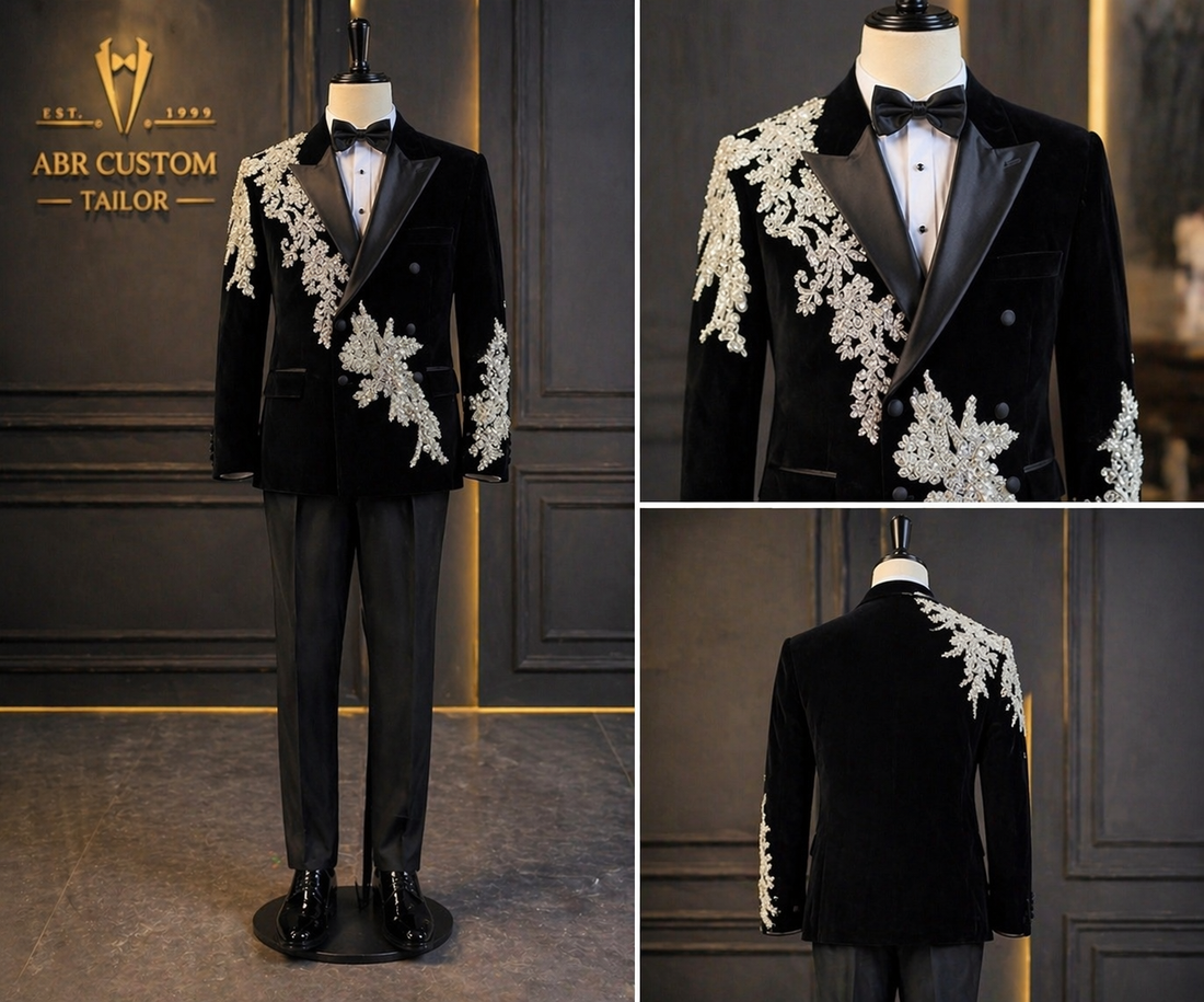 Black Velvet Double-Breasted Tuxedo with Rhinestone Appliqué – Peak Lapel