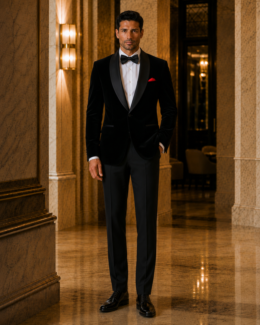 Front view of black velvet shawl lapel tuxedo with black bow tie and red pocket square