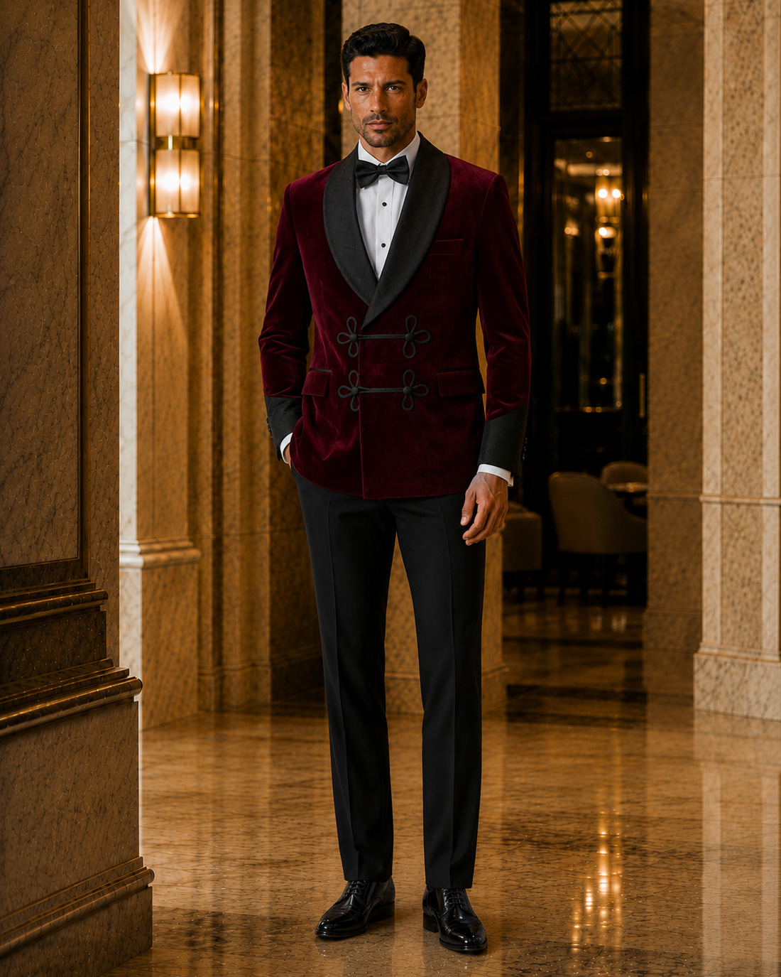 Front view of burgundy velvet smoking jacket tuxedo with black shawl lapel and frog closures