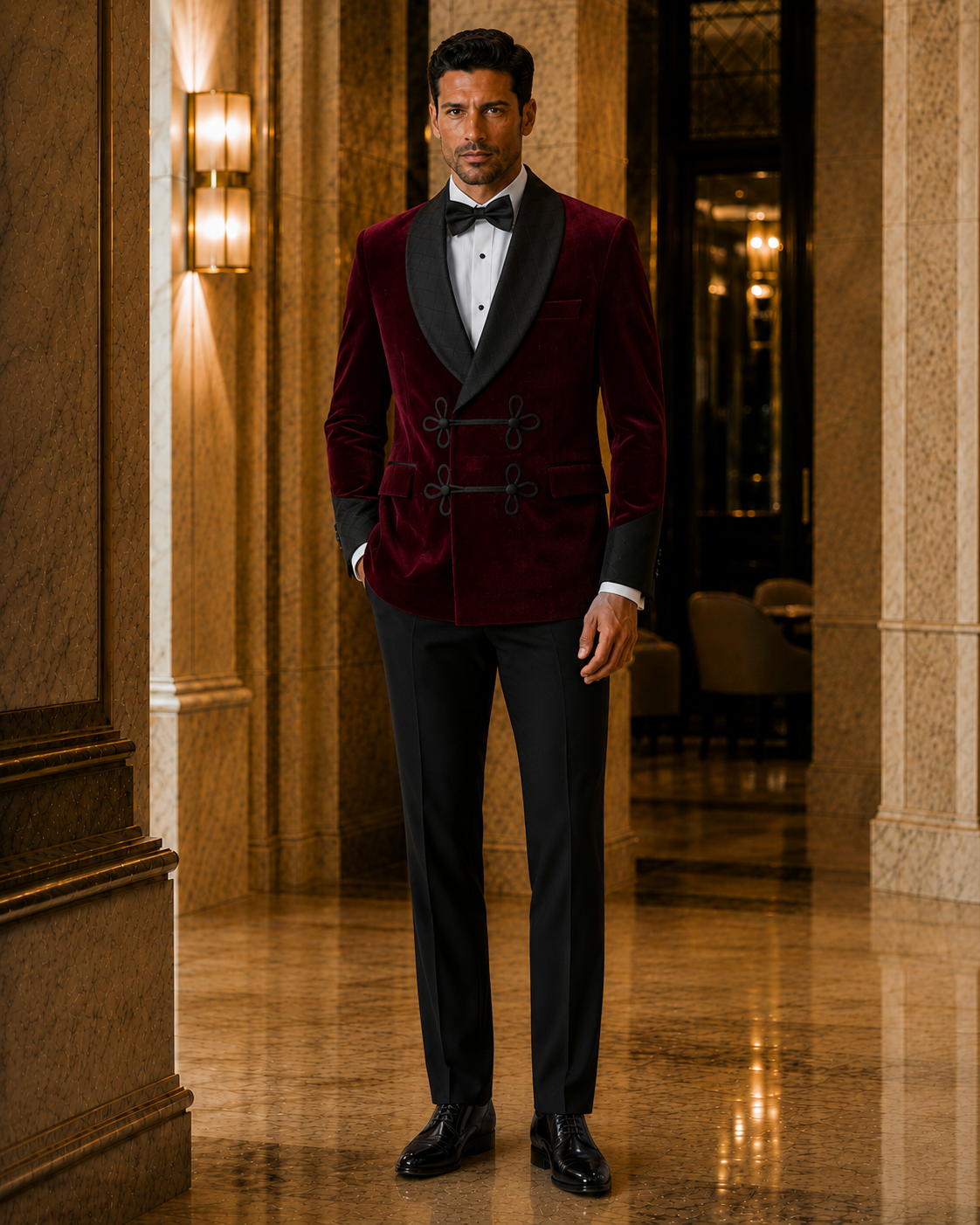 Front view of burgundy velvet smoking jacket tuxedo with black shawl lapel and frog closures