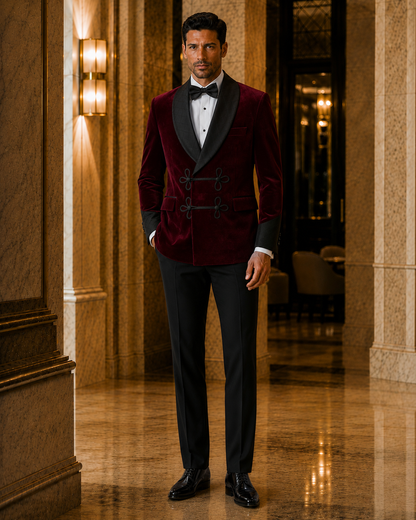 Front view of burgundy velvet smoking jacket tuxedo with black shawl lapel and frog closures