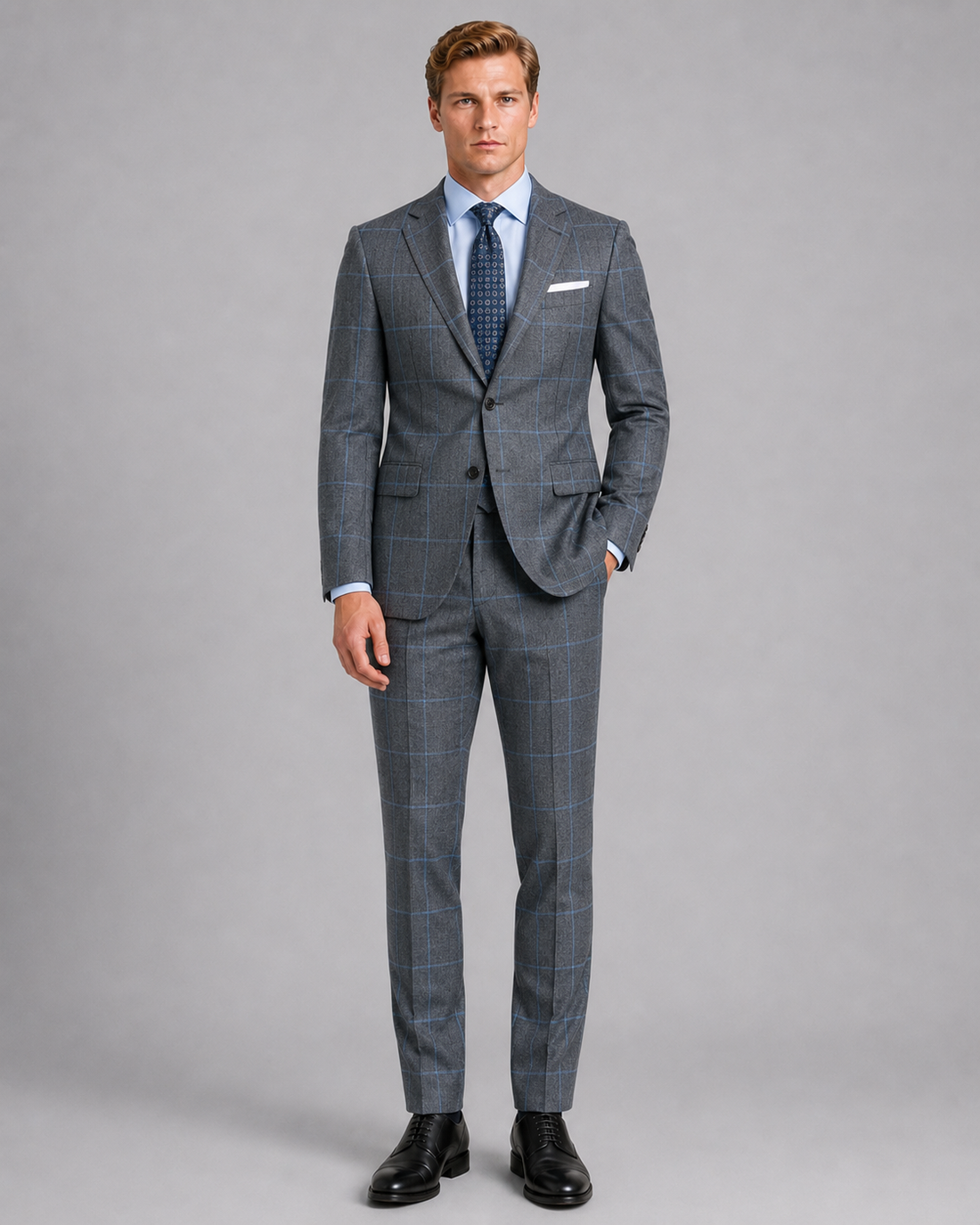Front view of charcoal gray sharkskin windowpane tailored suit