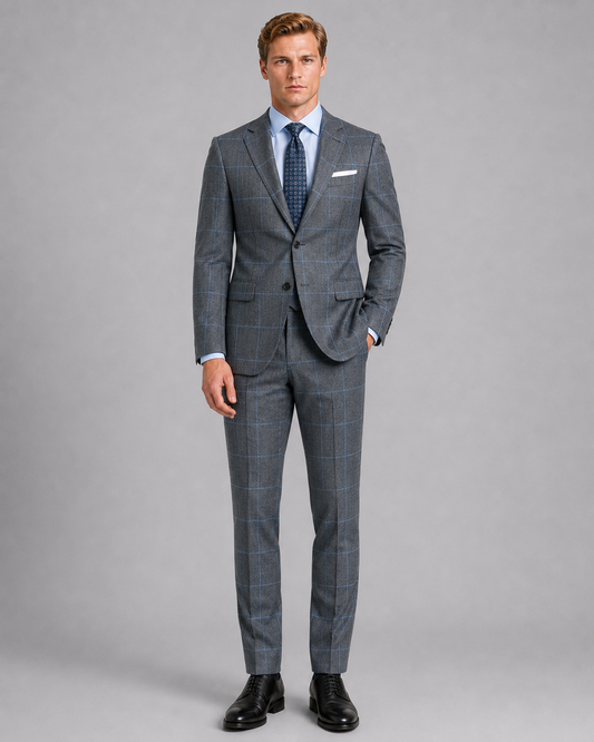 Front view of charcoal gray sharkskin windowpane tailored suit