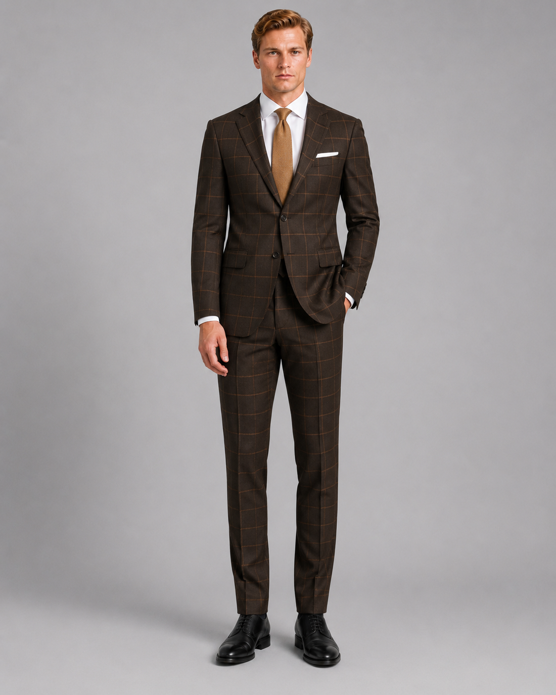 Front view of espresso brown windowpane tailored suit