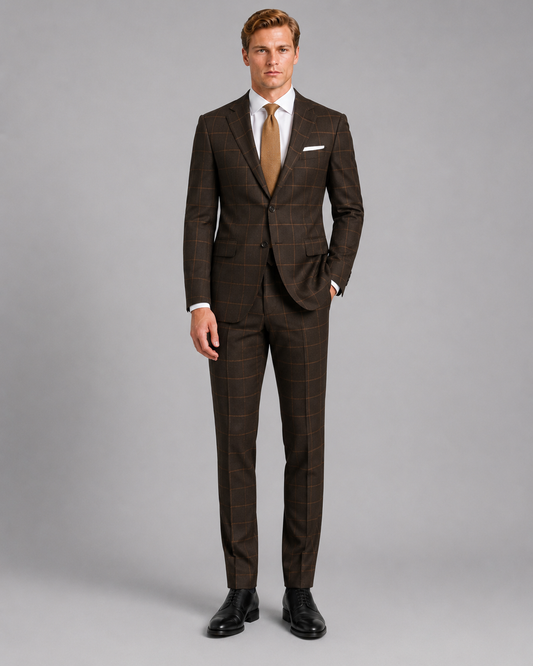 Front view of espresso brown windowpane tailored suit