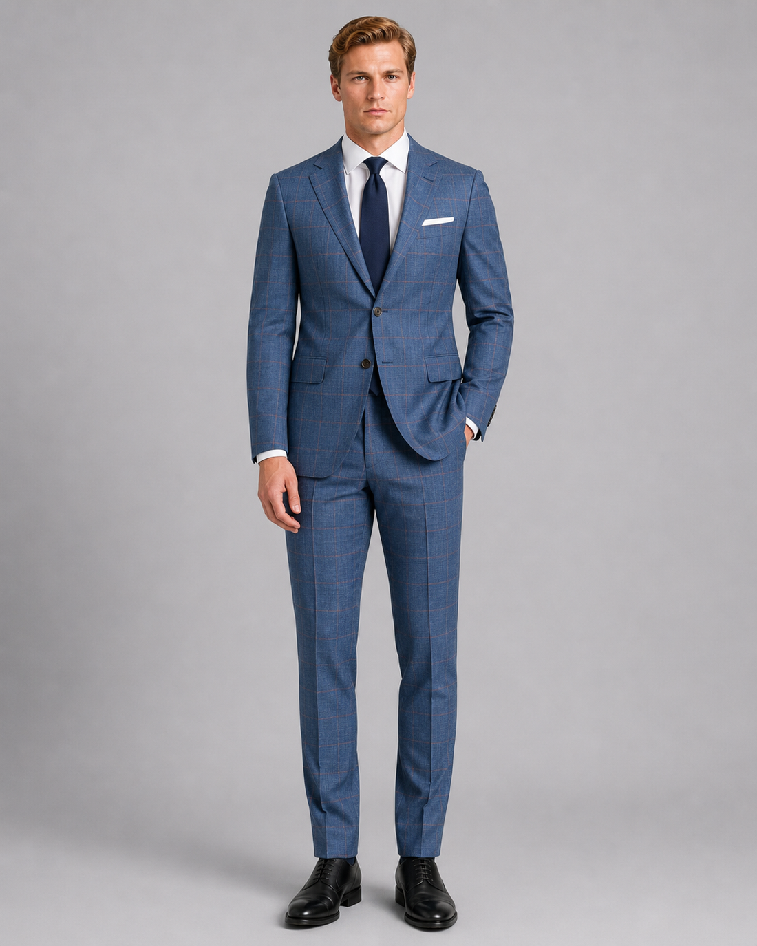 Front view of sky blue sharkskin windowpane tailored suit