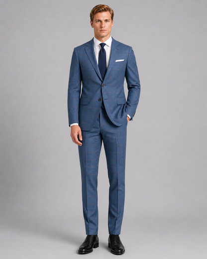 Front view of sky blue sharkskin windowpane tailored suit