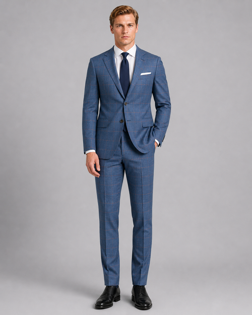 Front view of sky blue sharkskin windowpane tailored suit