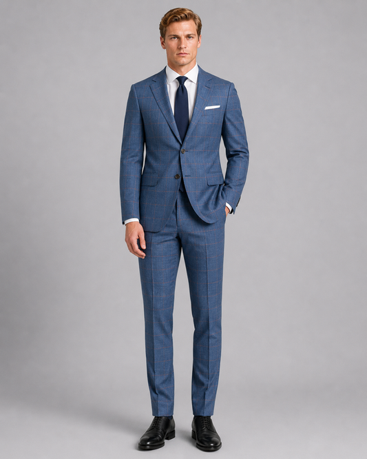Front view of sky blue sharkskin windowpane tailored suit