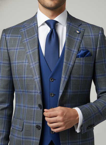 Gray checkered suit with blue vest and tie on a gray background