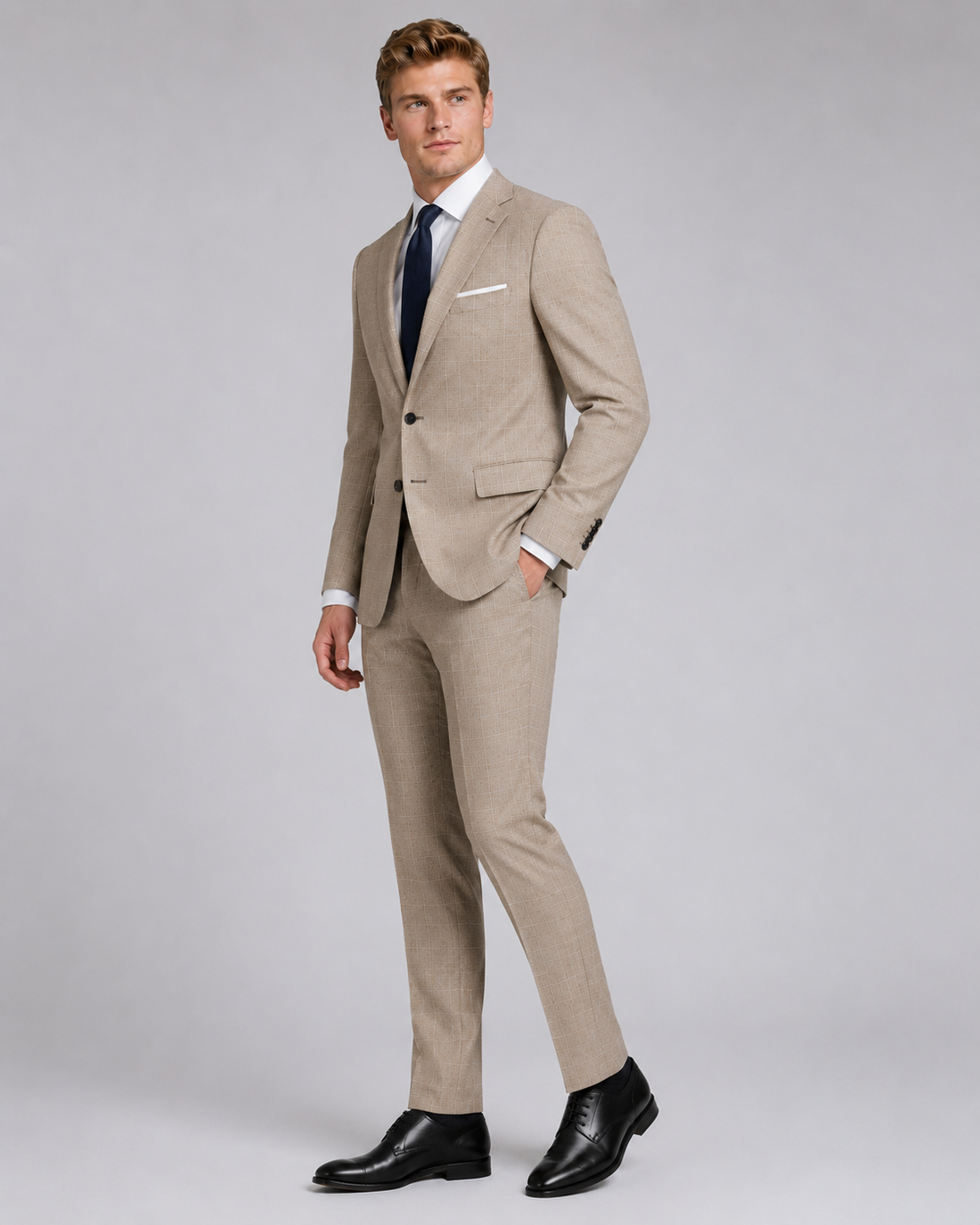 Light sand beige tailored suit with subtle windowpane pattern front view