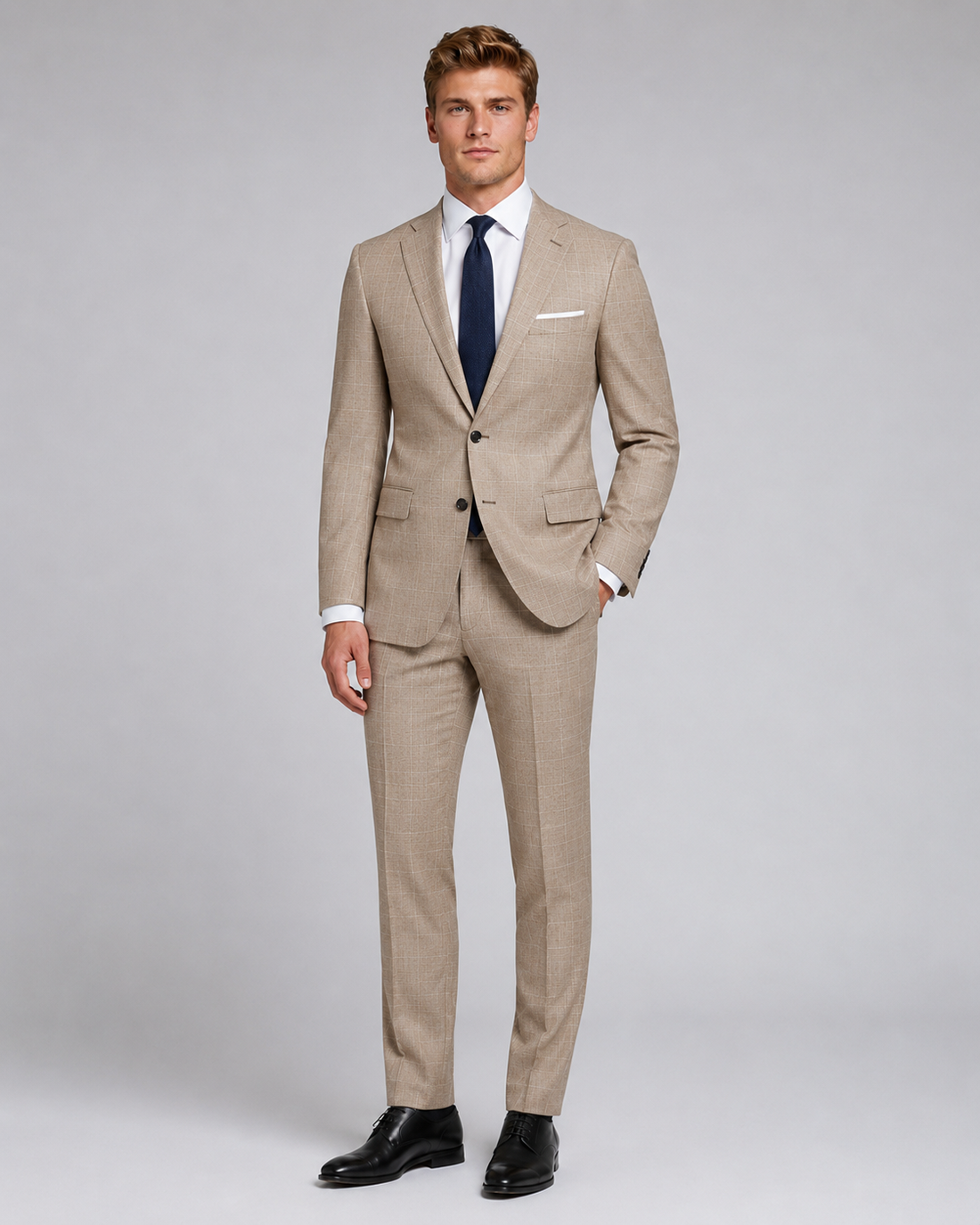 Light sand beige tailored suit with subtle windowpane pattern front view