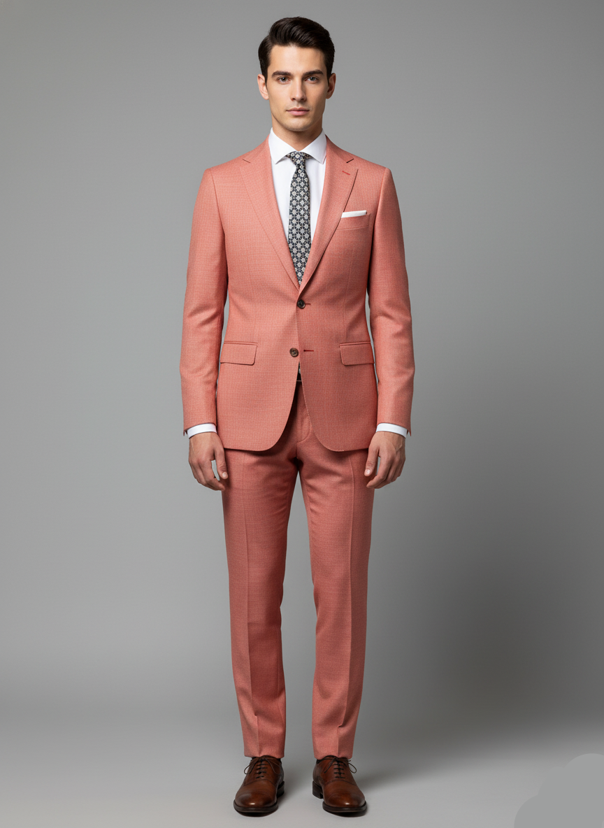 Man wearing a pink suit with a gray background