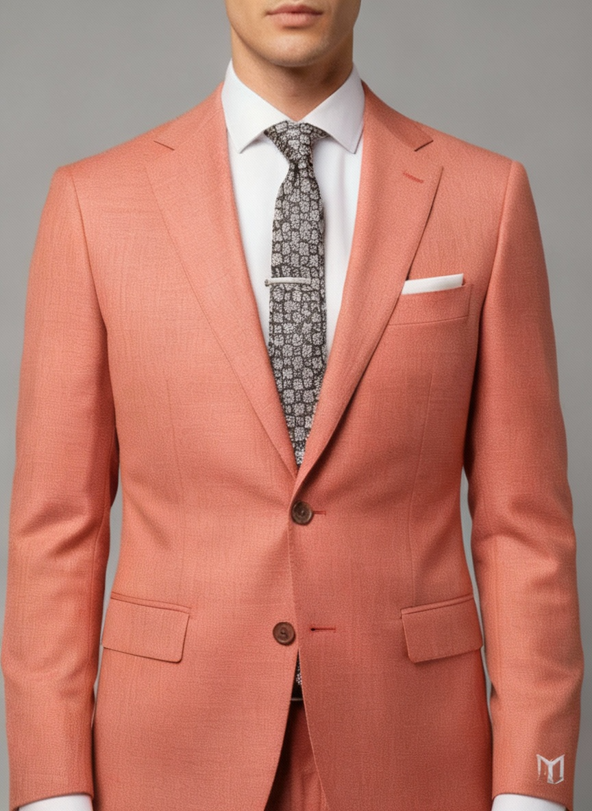 Man wearing a pink suit with a white shirt and patterned tie on a gray background