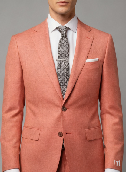 Man wearing a pink suit with a white shirt and patterned tie on a gray background