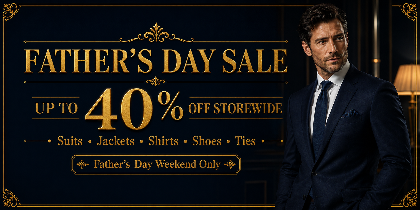 Promotional banner for Father's Day sale with a man in a suit and text about discounts.