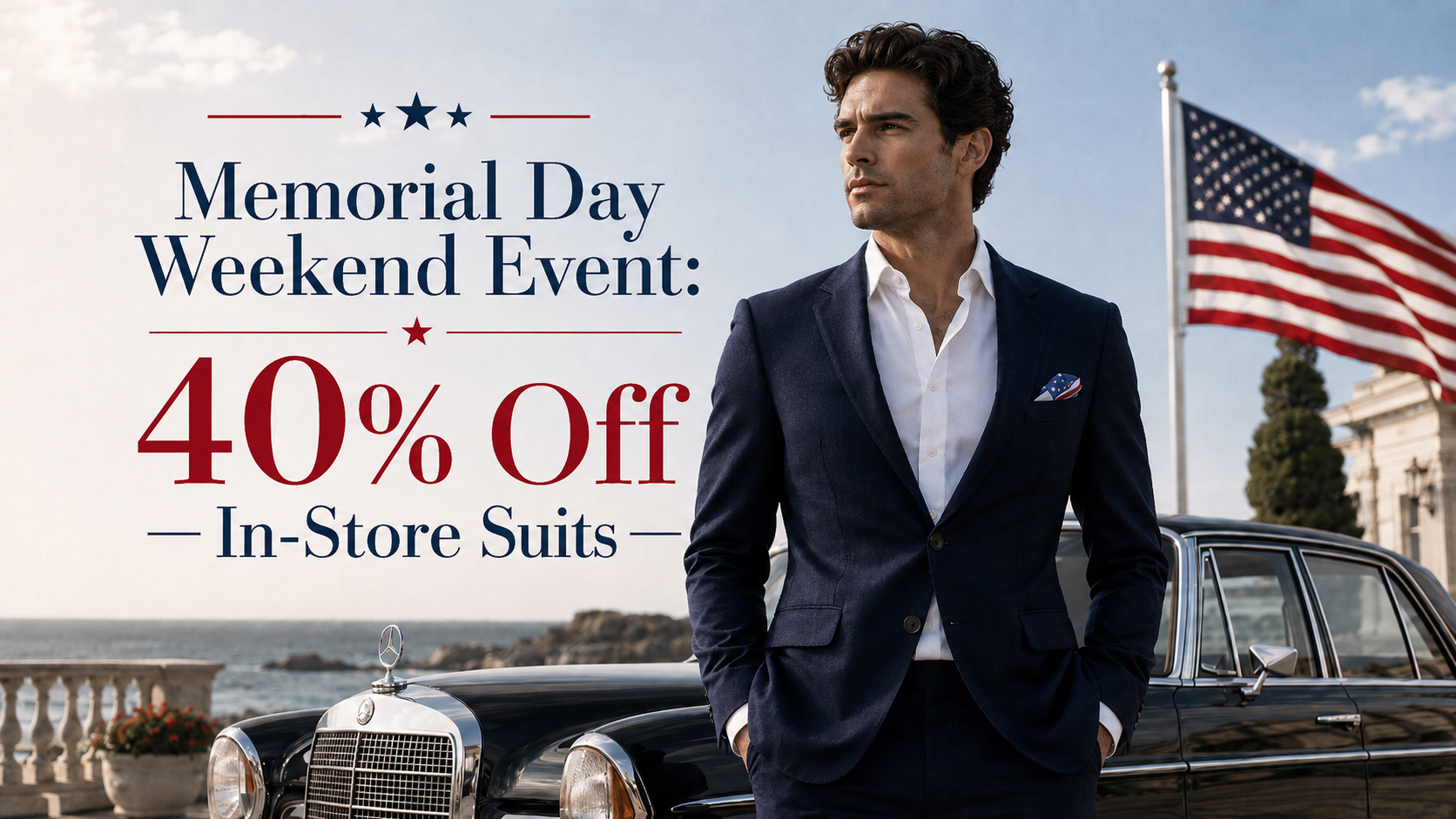 Man in a suit standing in front of a vintage car with an American flag, promotional text for Memorial Day weekend sale.