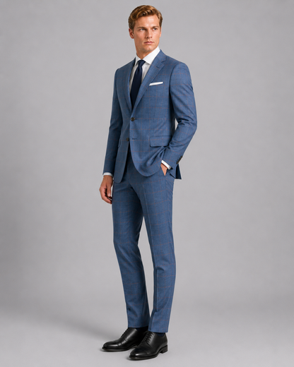 Side angle of luxury sky blue tailored sharkskin suit