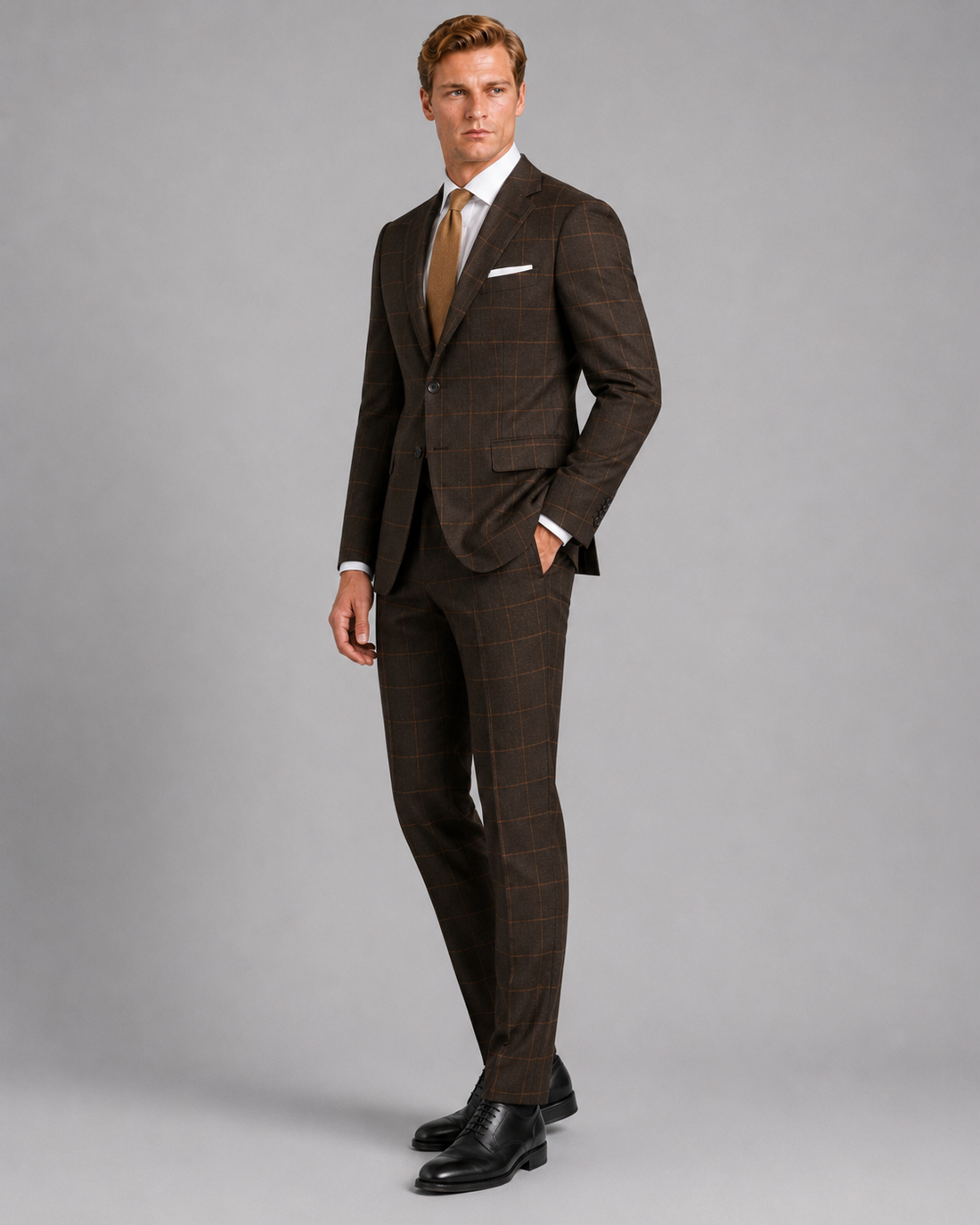 Side profile of espresso brown caramel windowpane suit