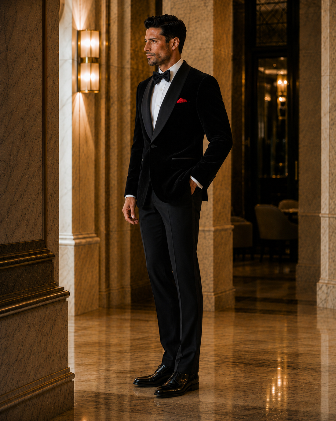 Side view of black velvet tuxedo showing tailored fit and satin shawl lapel