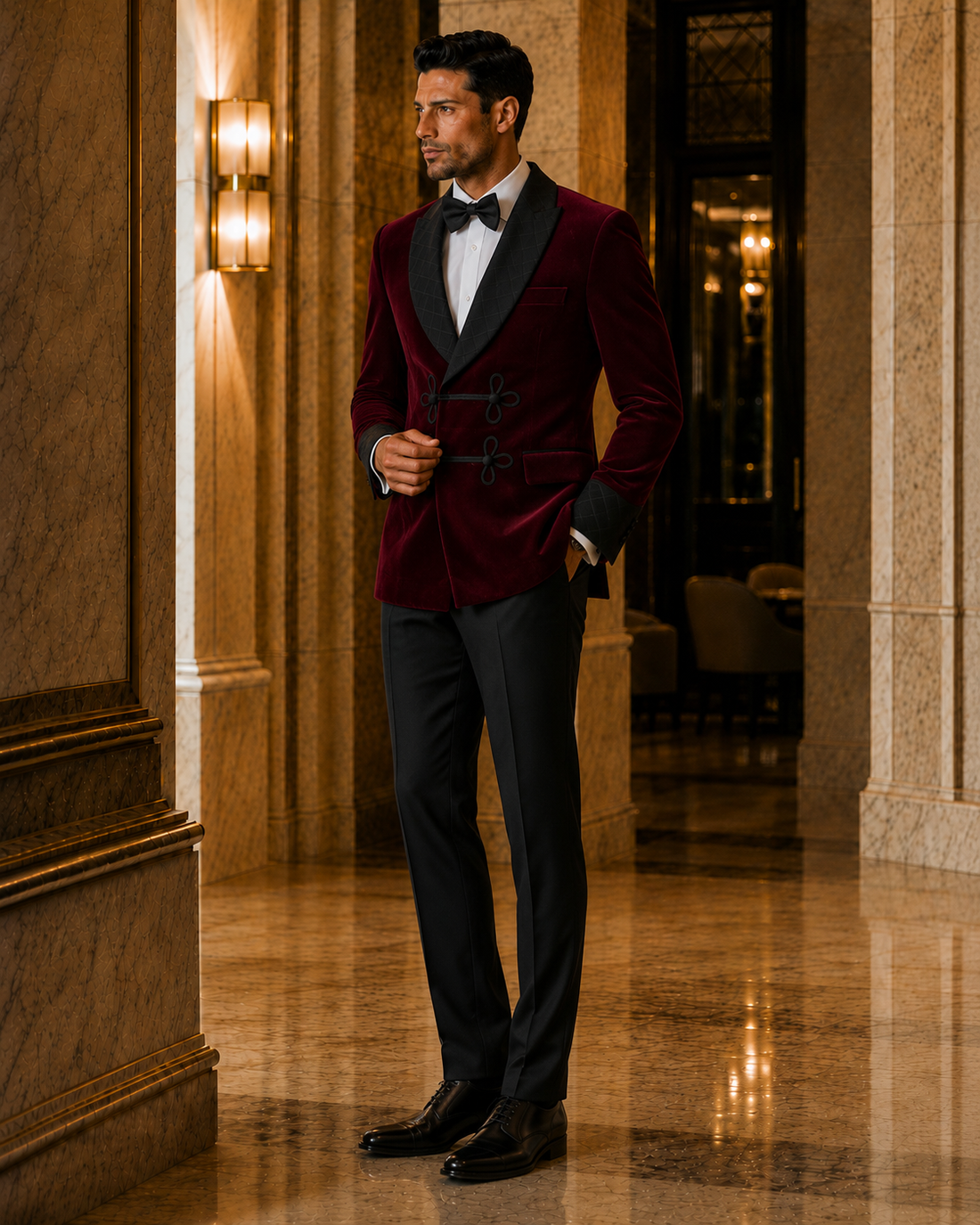 Side view of burgundy velvet smoking jacket tuxedo showing tailored fit and black lapel detail